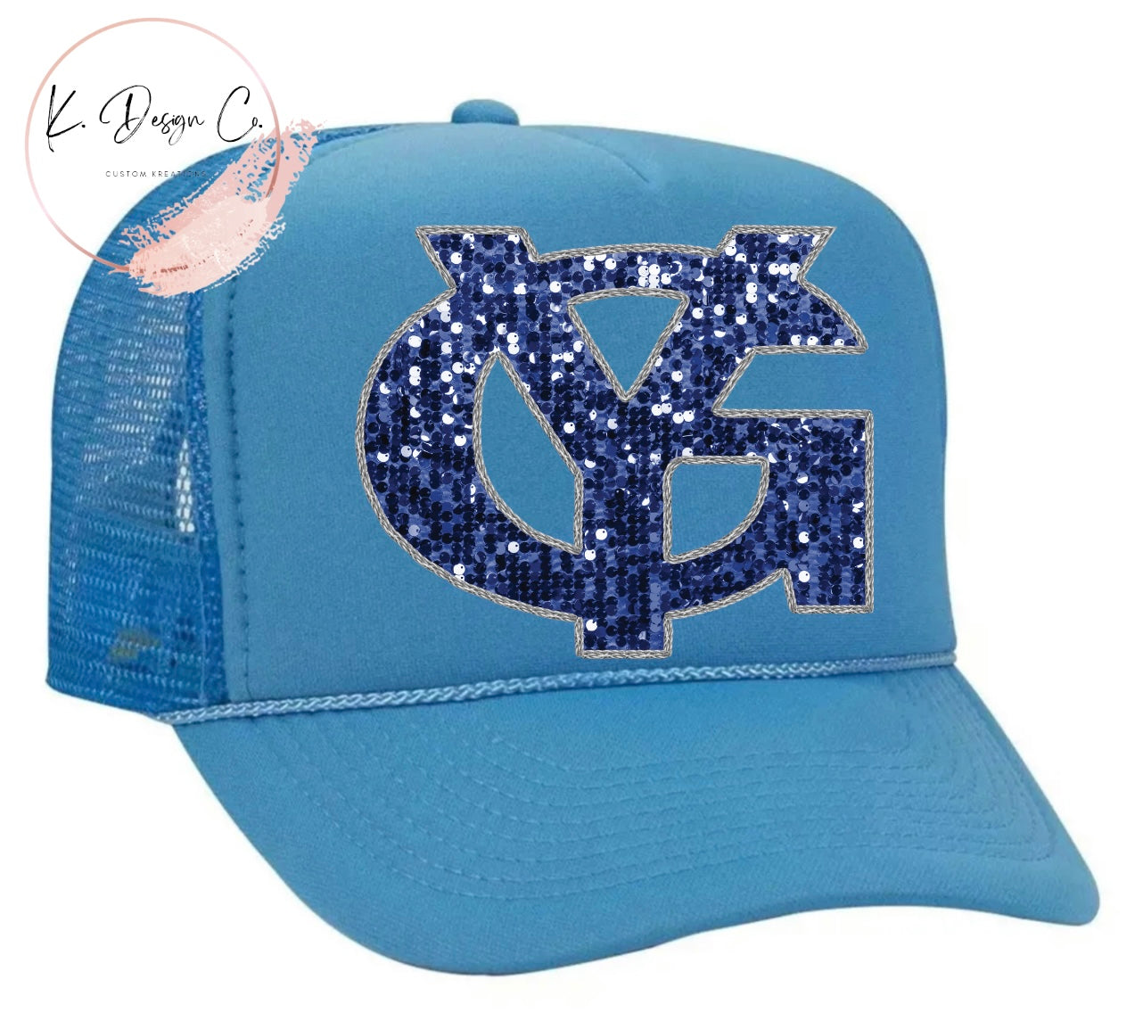 Glitter YG | Faux Embroidery Foam Mesh Back Trucker Hat | Columbia Blue