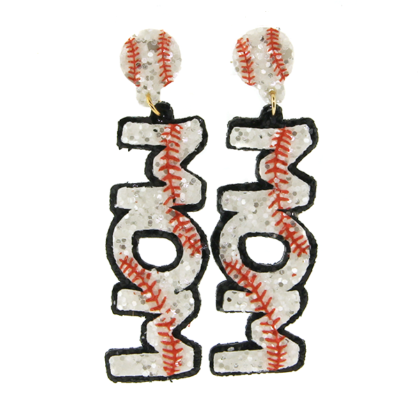 Baseball Mom Glitter Earring | White