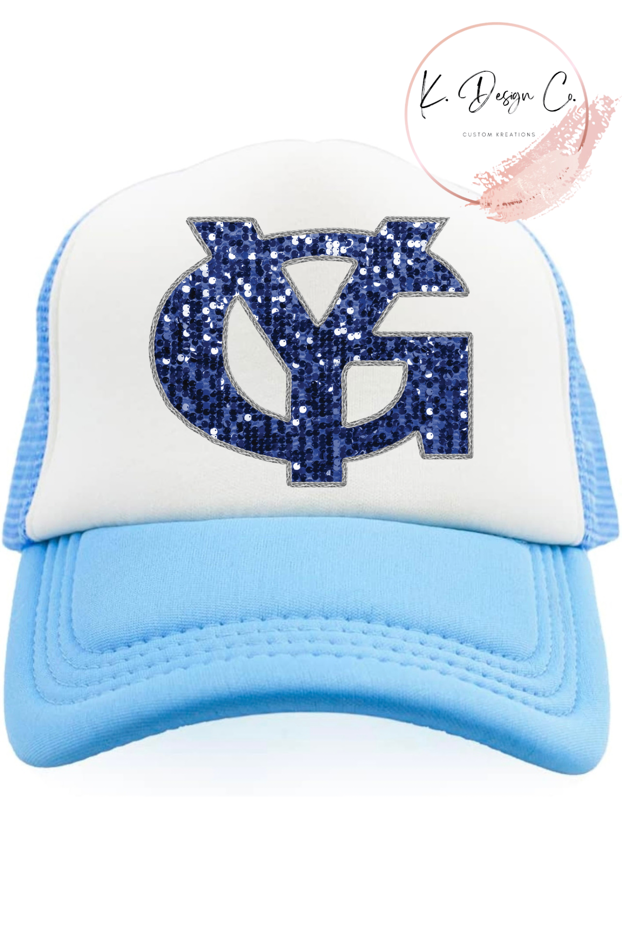 YG Faux Glitter Foam Mesh-Back Trucker Hat| Light Blue-White