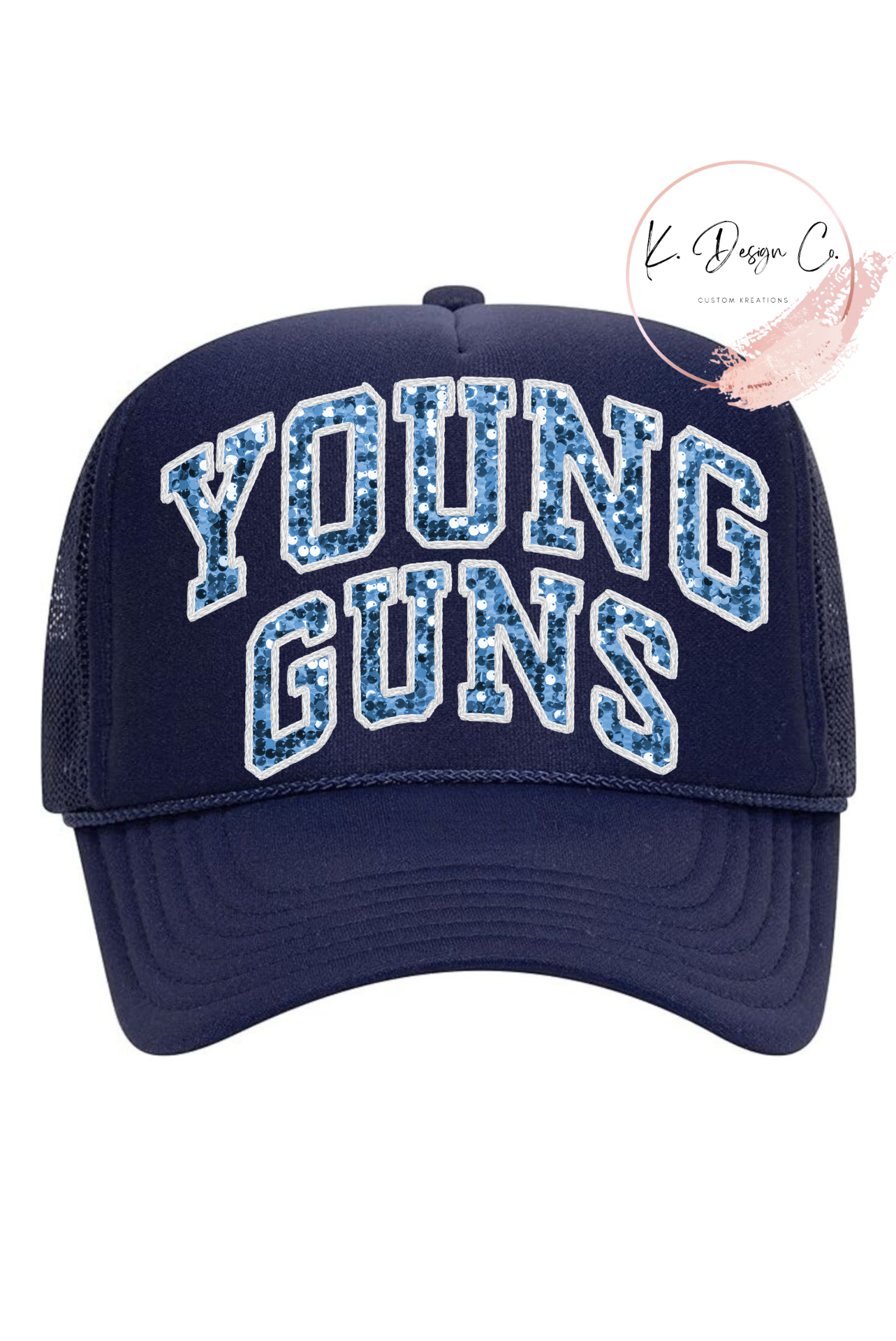 Glitter Young Guns | Faux Embroidery Foam Mesh Back Trucker Hat | Navy