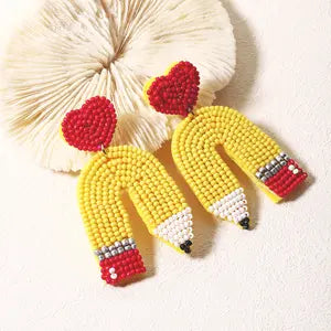 Beaded Curved Pencil Earrings - Yellow