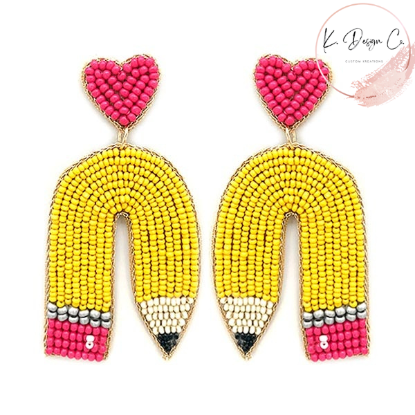 Beaded Curved Pencil Earrings - Yellow