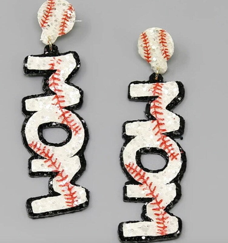 Baseball Mom Glitter Earring | White