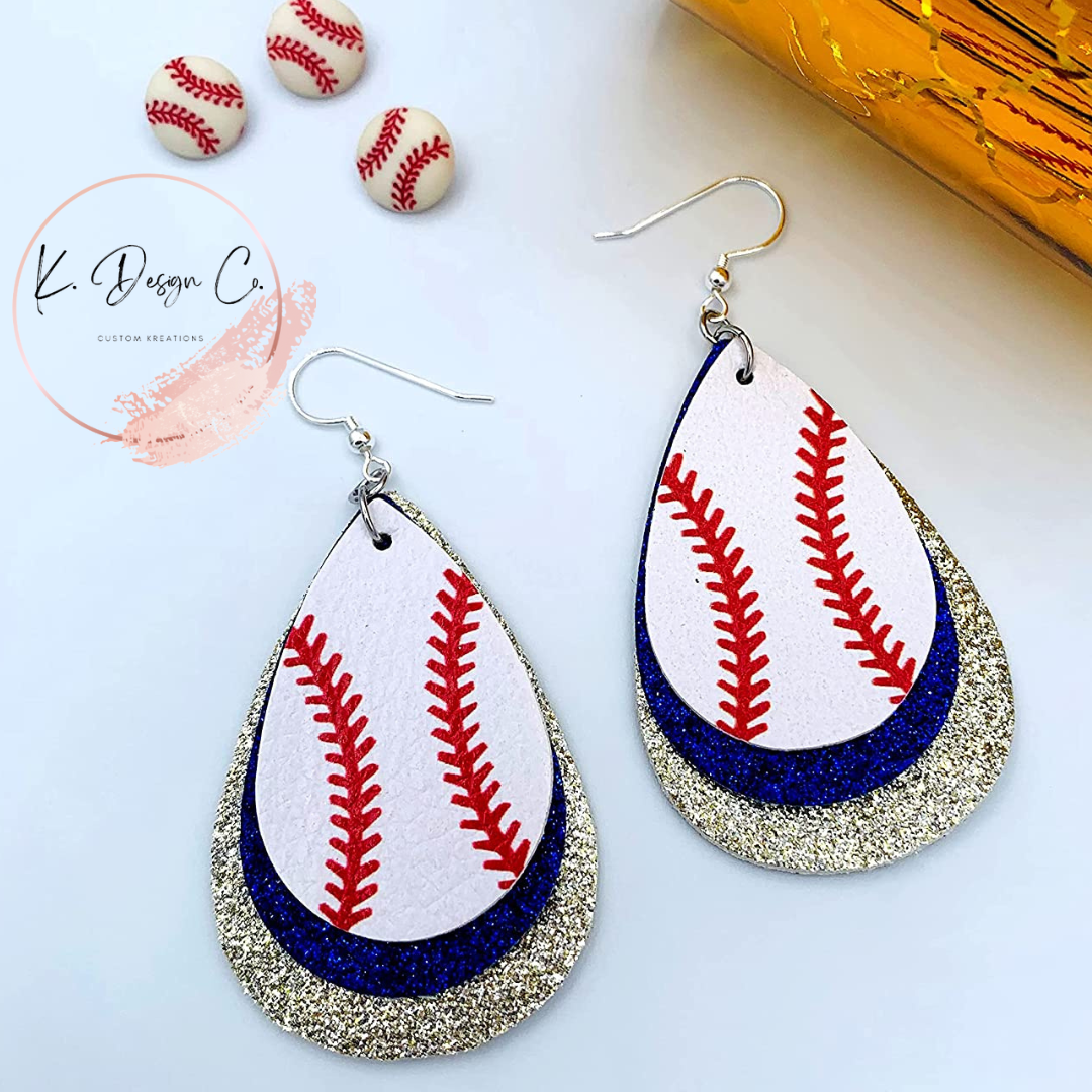 Leather Glitter Baseball Earrings | Silver & Royal Blue