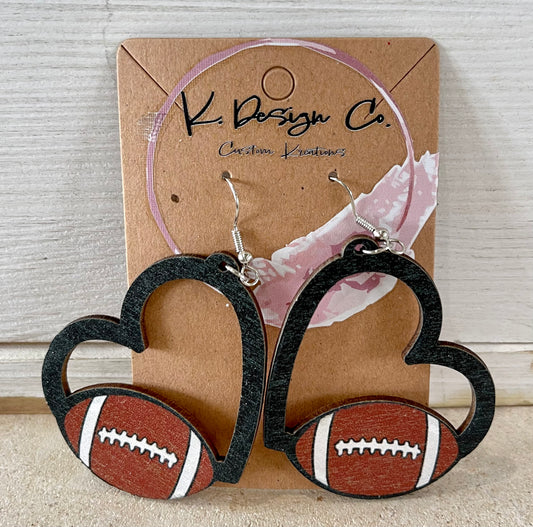 Wooden Football Heart Earrings