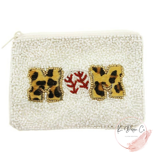 Baseball Mom Leopard White | Seed Bead Coin Purse